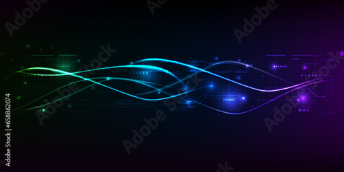 Vector illustration of abstract glowing dynamic line flowing through horizontal digital circuits and grid spaces.Digital communication innovation and technology concept.