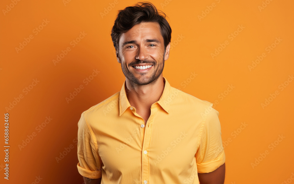 Fototapeta premium happy handsome fashion businessman smiling and wearing color shirt, solid light color background