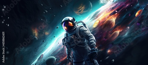 Astronaut admiring cosmic art in deep space among billions of galaxies With copyspace for text