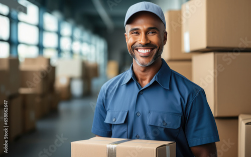 happy deliveryman employee smiling holding a box in a warehouse wearing Bright solid light cloth