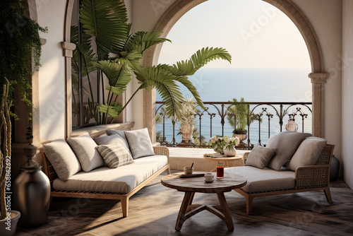 Mediterranean luxury villa home balcony overlooking the sea.  Generative AI © Luis