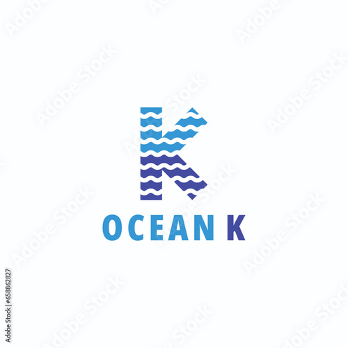 K letter logo with ocean waves. Suitable for use in travel and nature business.