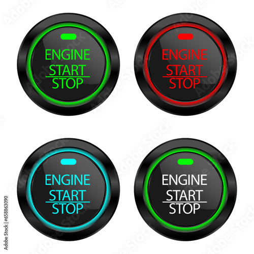 Set off the Engine start-stop button for vehicle ignition isolated on white background. The power button is a white red blue green light, Vector 3d illustration EPS10. Design for you.