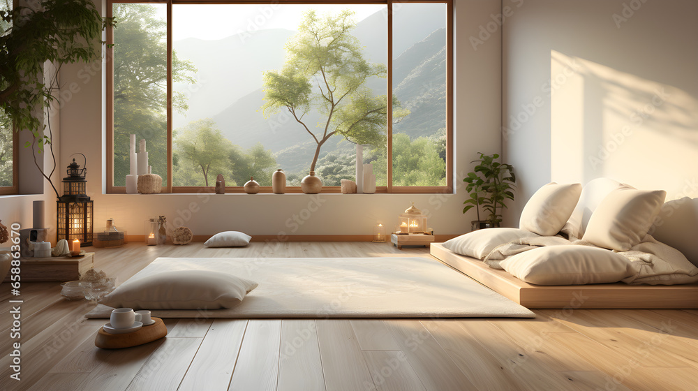 Fototapeta premium Zen yoga room, meditation, relaxation, living room