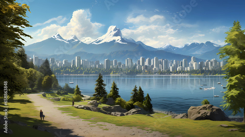  Stanley Park in Vancouver with the harbor and mountains in the distance photo