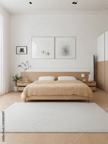 Decor in this bedroom is minimal but impactful. A strategically placed piece of artwork  a potted plant  or simple colors  adding a touch of personality. AI Generated