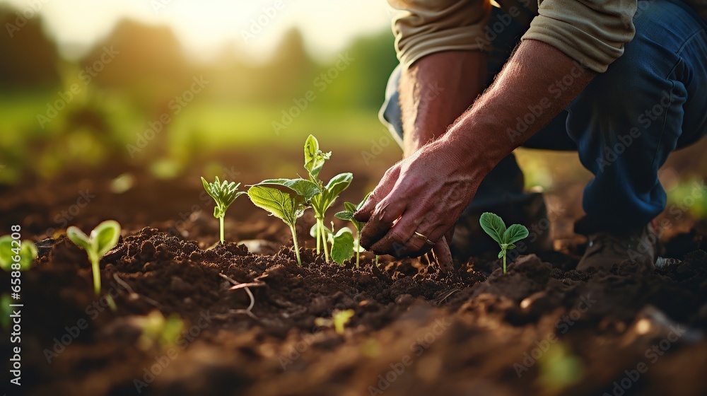 Close up shot hands farmer planting soybean plant seeds in field, business agriculture concept