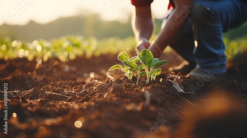 Close up shot hands farmer planting soybean plant seeds in field, business agriculture concept