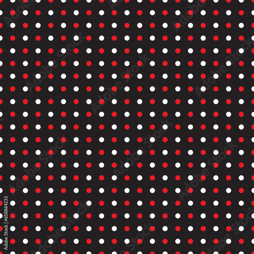 Red and white polka dots on black background,seamless pattern dot circle print for textile, fashion, scrapbook paper, wallpaper.