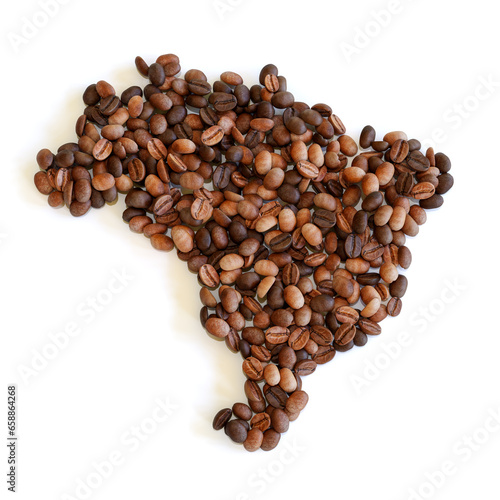 3D Coffee Beans Shaped Like Brazil Country Map Isolated on Whtie Background