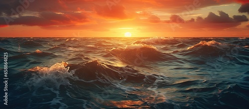 Sunset illuminating Atlantic ocean waves from a ship With copyspace for text