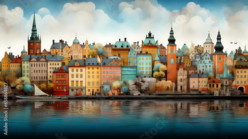 Stockholm with colorful buildings on the river bank