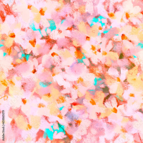Light delicate spring floral layered seamless fabric pattern with transparent washed blurred flowers © Olga