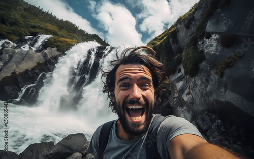 man taking selfie in front of waterfall © Asep