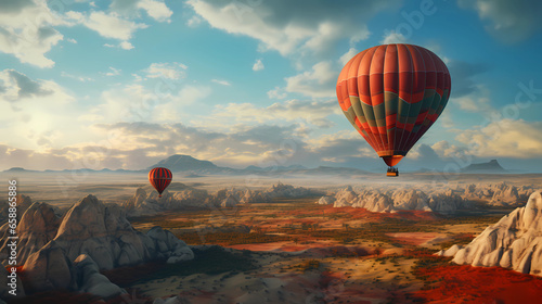 a hot air balloon over the strange landscape of Kapadokya