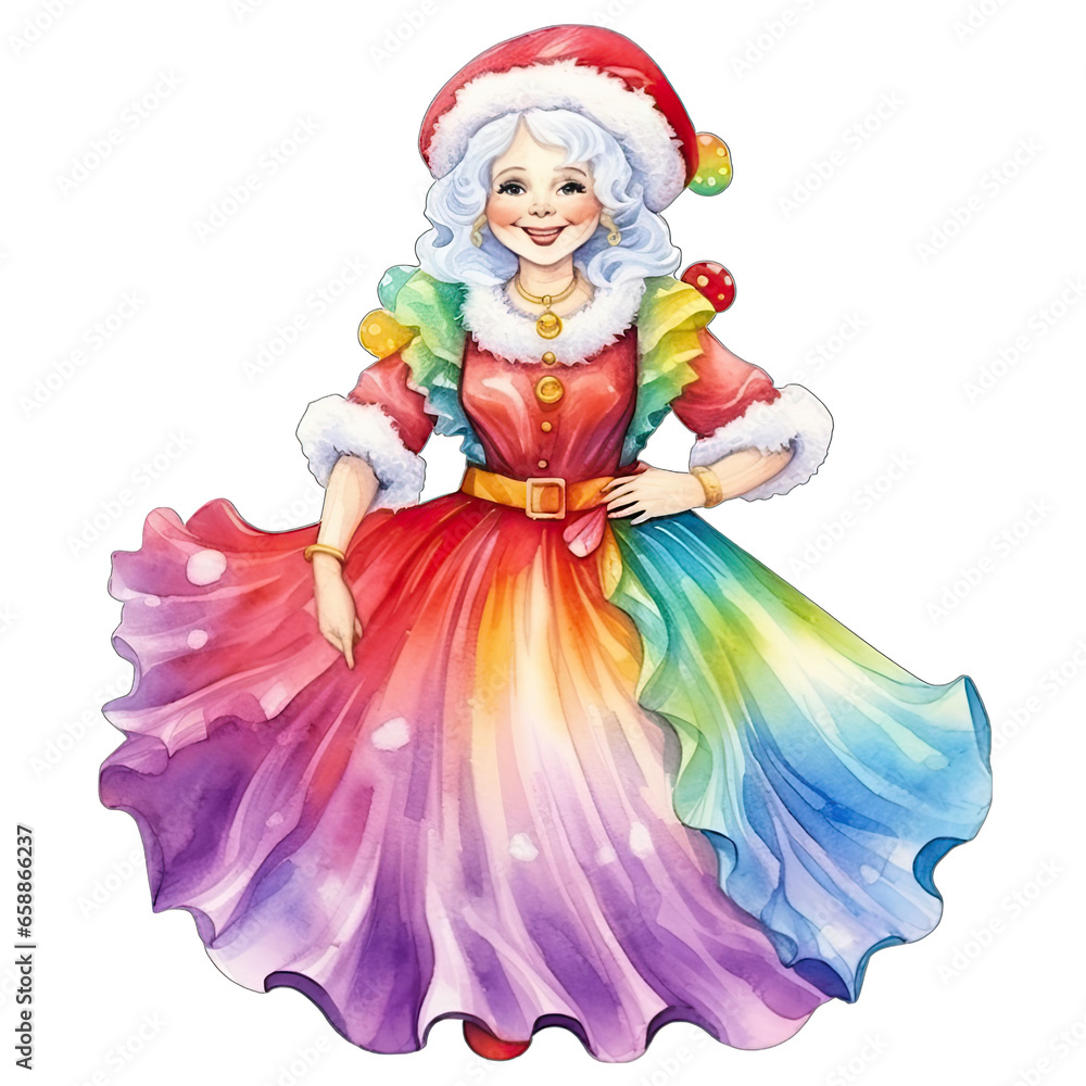 Mrs. Claus, wearing a rainbow colored holiday Christmas dress. Watercolor style, transparent background