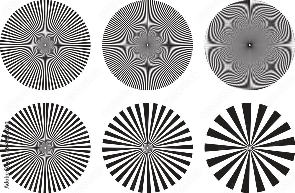 set of black sunburst, comic beam, sun rays radial circle pattern background. - obrazy, fototapety, plakaty 