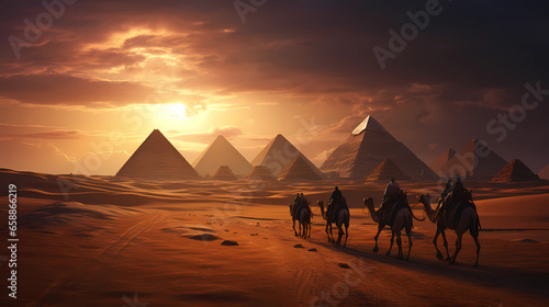 Pyramids of Giza with camels in front of it © Asep