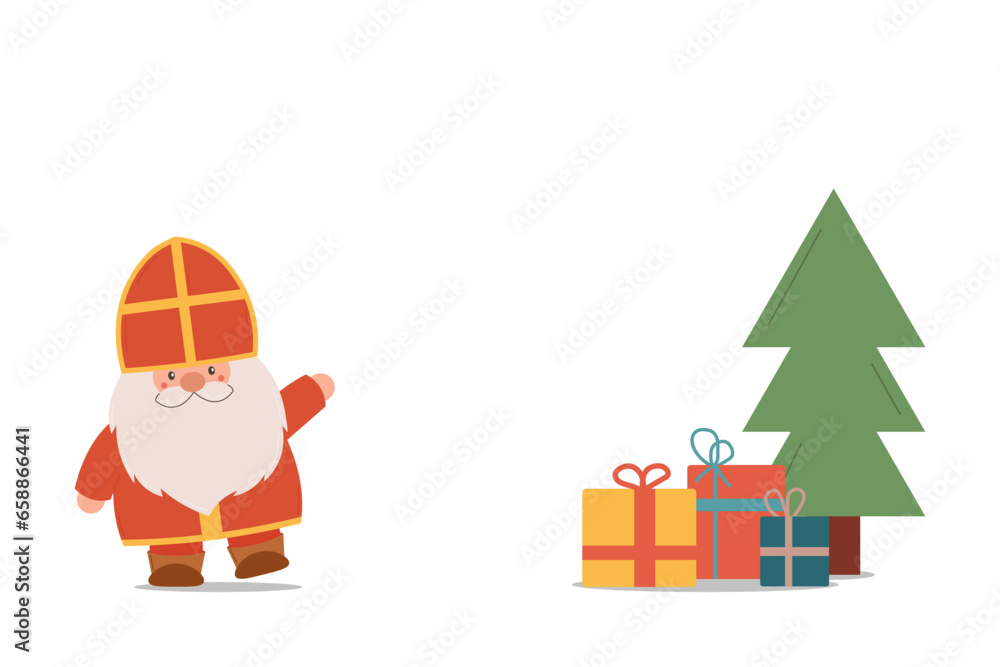 Fototapeta premium Saint Nicholas Day. Sinterklaas Eve. Cute character gnome, christmas tree, gifts box on white background. Winter holiday day. Vector flat illustration.