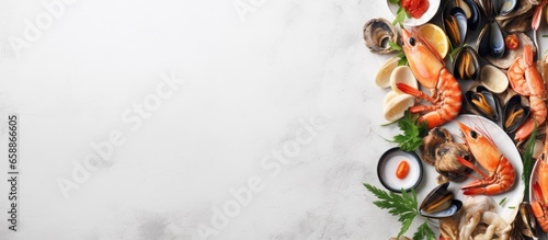 Assorted seafood mussels clams and prawns on a white platter on a concrete table top down view with empty space With copyspace for text