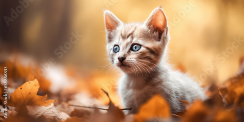 Portrait of a Cat. Cute Little Red Striped Kitten is sitting in Autumn Leaves in Autumn Park or Garden