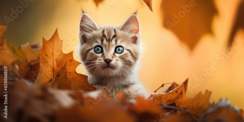 Portrait of a Cat. Cute Little Red Striped Kitten is sitting in Autumn Leaves