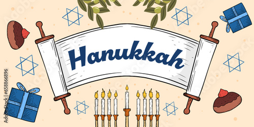 hand drawn vector happy hanukkah horizontal banner illustration