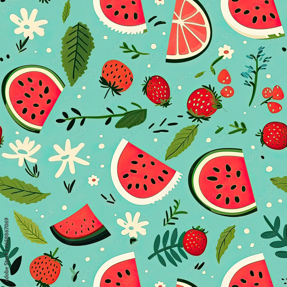 Green seamless pattern with strawberries and watermelon Green seamless pattern with strawberries and watermelon