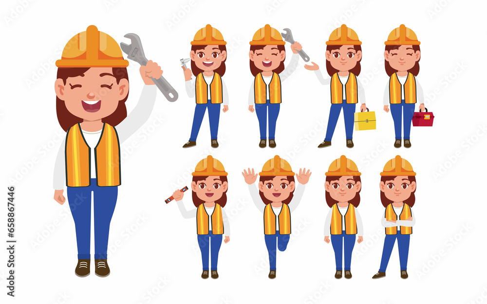 Set of worker with different poses