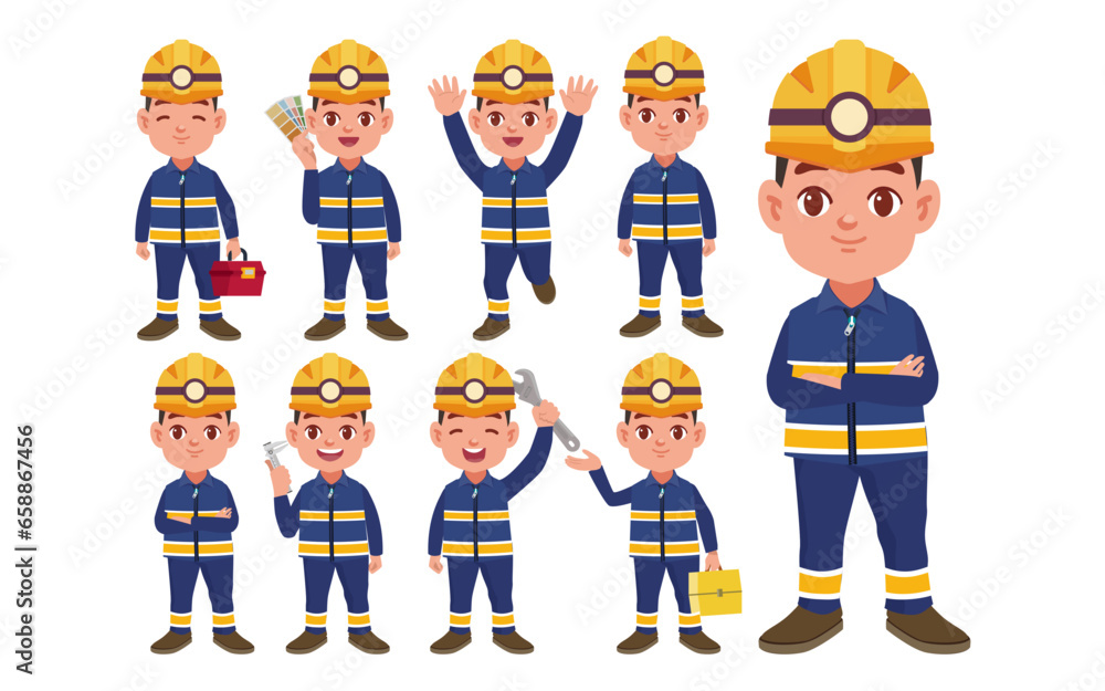 Set of worker with different poses