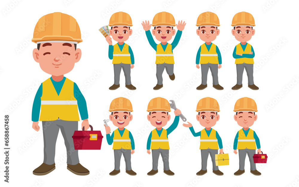 Set of worker with different poses