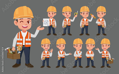 Set of worker with different poses