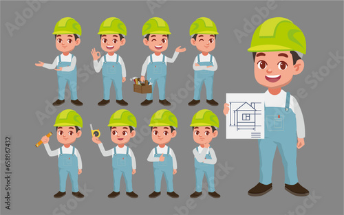 Set of worker with different poses