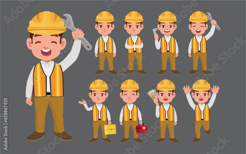 Set of worker with different poses