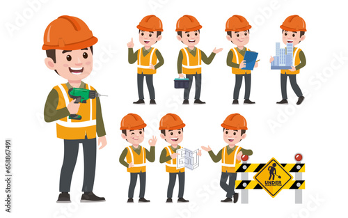 Set of worker with different poses