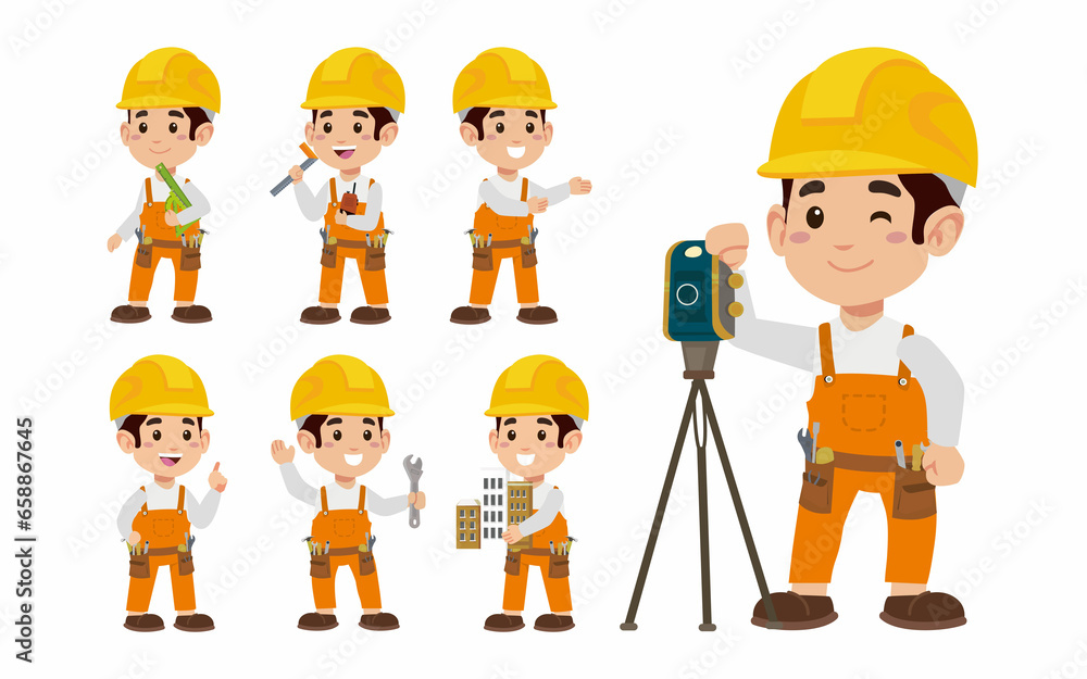 Set of worker with different poses Set of worker with different poses