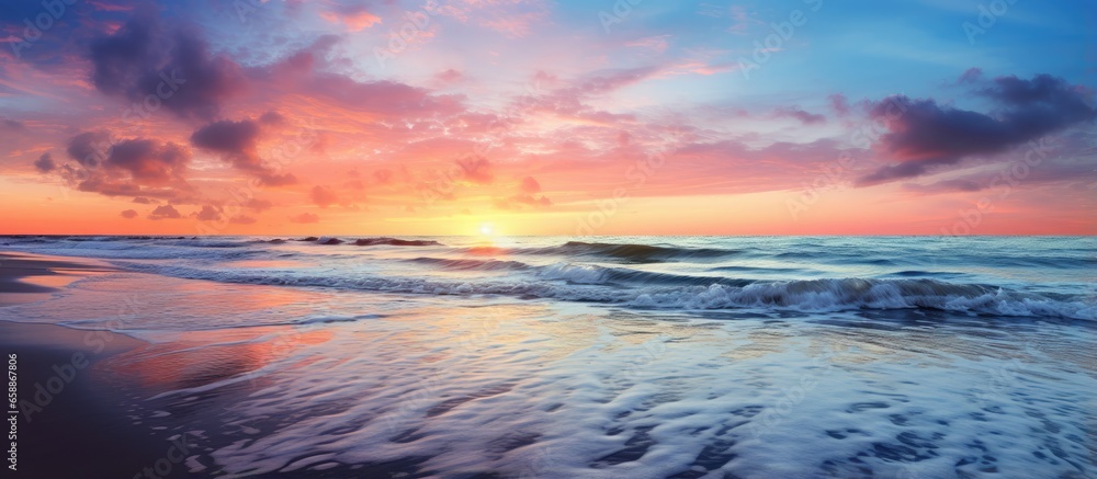 Indian Ocean seascape featuring Folly Beach sunset With copyspace for text