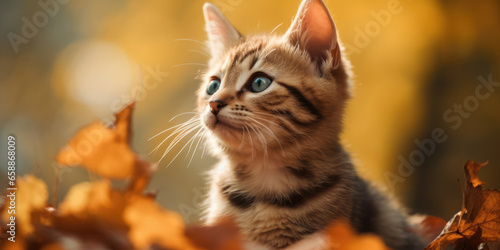 Cat in autumn leaves. Portrait of a striped Kitten on a autumn background