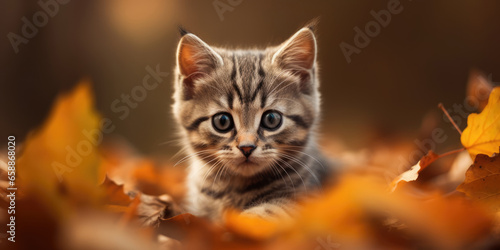 Portrait of a Little Gray Kitten in Autumn Leaves. Cute Striped Cat in fallen leaves