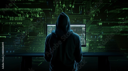 Computer hacker in hoodie with data technology background, internet fraud and cyber security concept