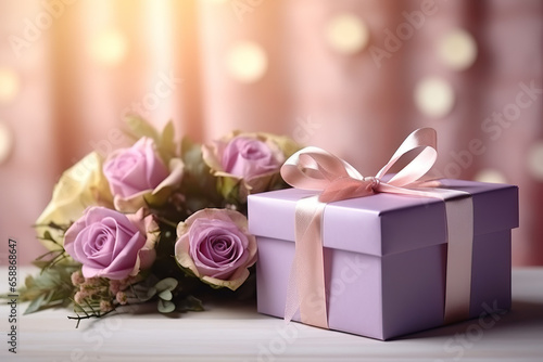 Gift box and bouquet of roses. 
