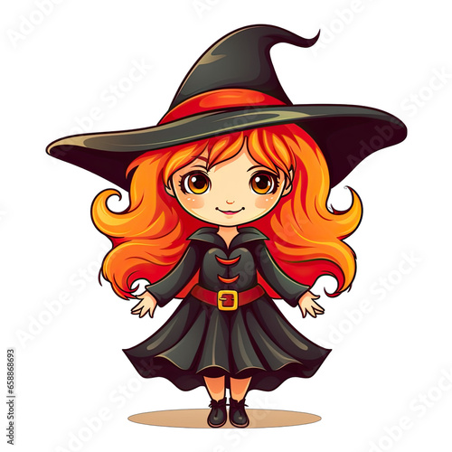 Cute cartoon halloween witch with hat, girl, full body isolated on white background. Transparent © MelissaMN