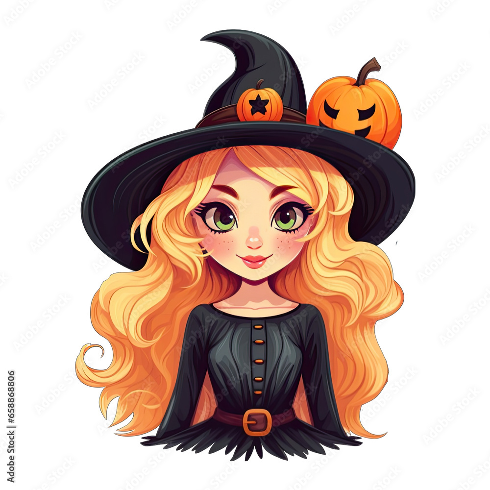 Cute cartoon halloween witch with hat, orange color tones, isolated on white background. Transparent