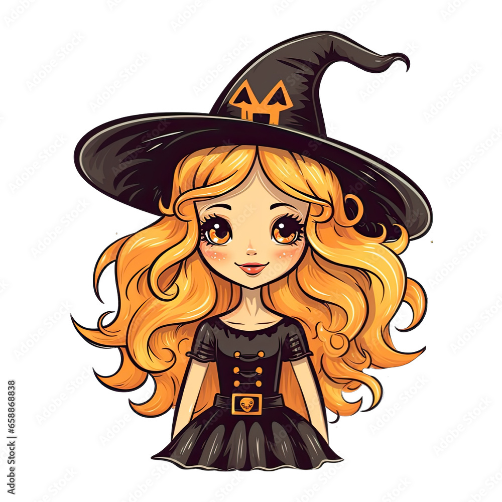 Cute cartoon halloween witch with hat, Orange color tones, isolated on white background. Transparent