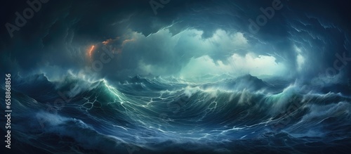 Severe tempest at sea colossal waves stormy sky With copyspace for text