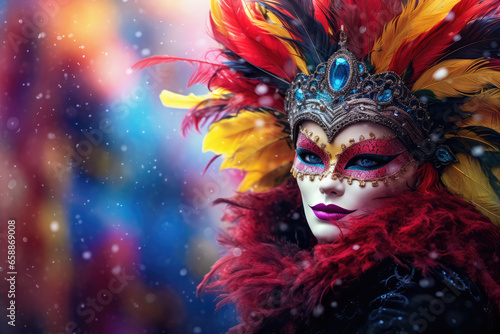 a woman in a mask and feathers at the carnival