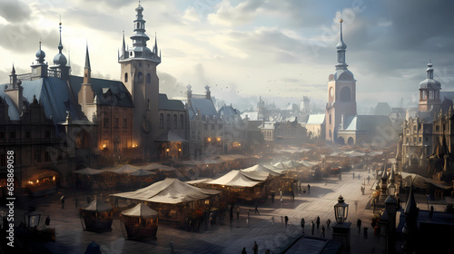 Krakow's old town market with the beautiful Church of Santa Maria photo