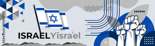 Israel national day banner for independence day anniversary. Flag of Israel and modern geometric corporate abstract design. Blue white color Israeli flag theme with grey background. War Conflict.