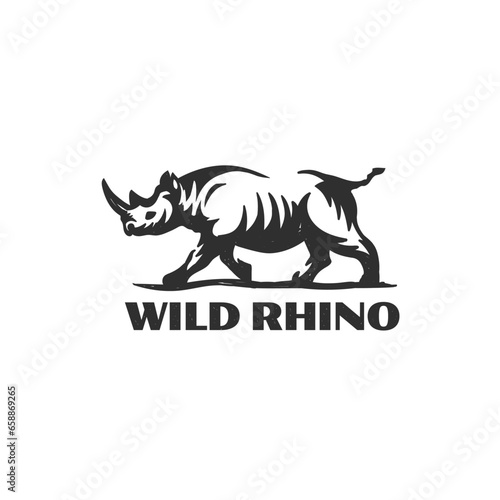 Stylized rhino vector illustration. Rhino in motion mascot logo. Hand Drawn Rhino Vintage Logo.