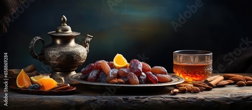Traditional Arabian style brass holder with dried fruits nuts tea on stone surface Fasting in Islamic Holy Month Ramadan Kareem With copyspace for text